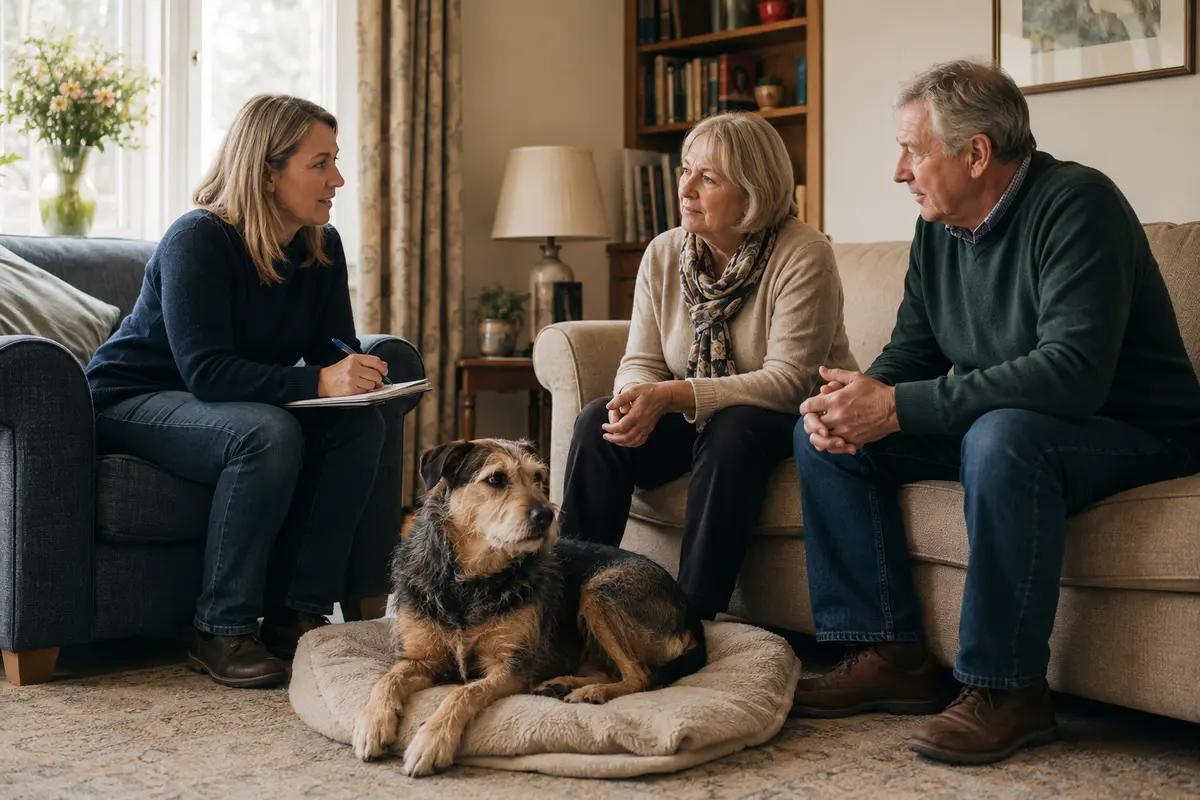 A dog behaviour consultant talking with a couple in their home