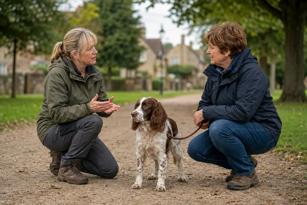 A dog trainer speaking with a mature owner and her spaniel
