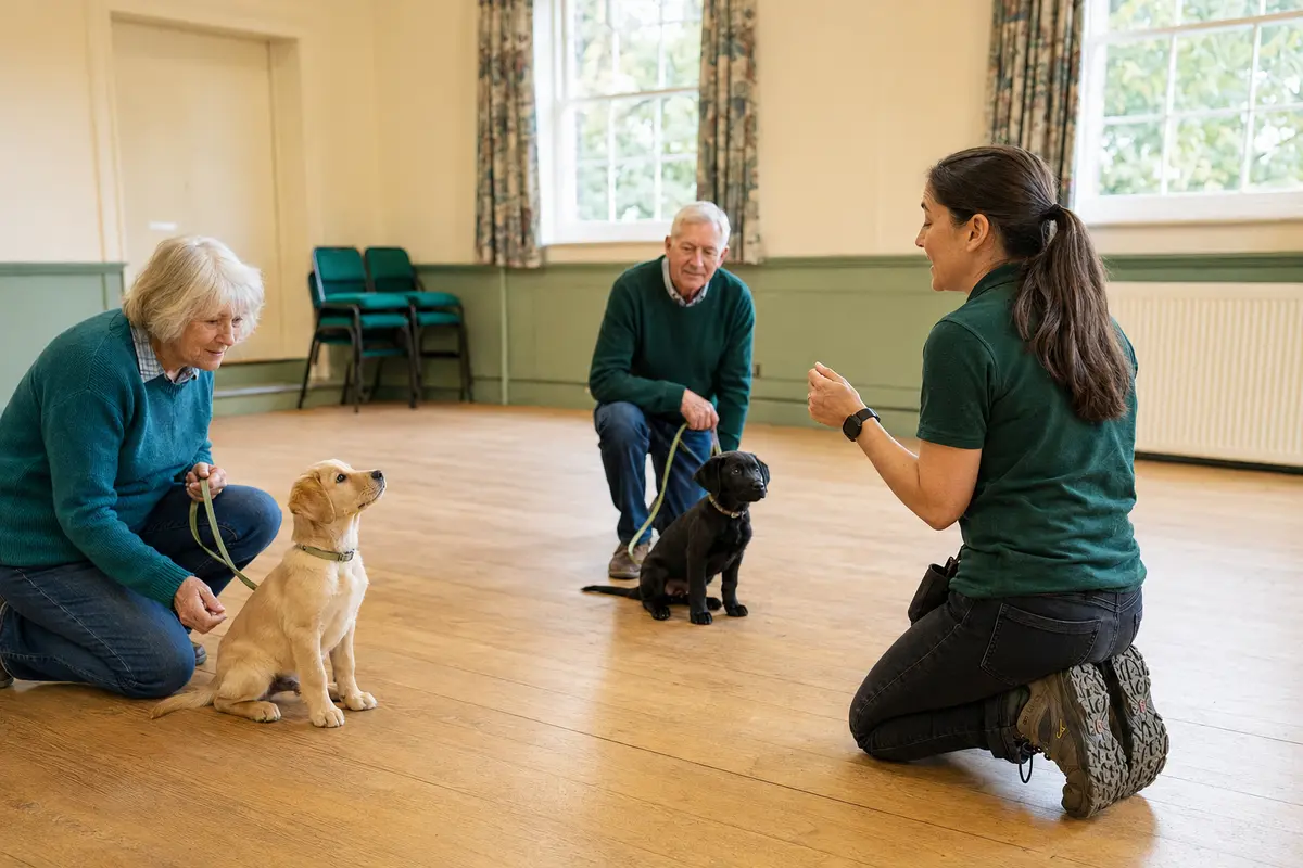 Owners and their puppies taking part in a calm training class