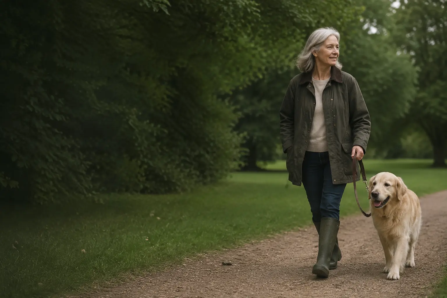 A woman walking calmly with her golden retriever in a green park