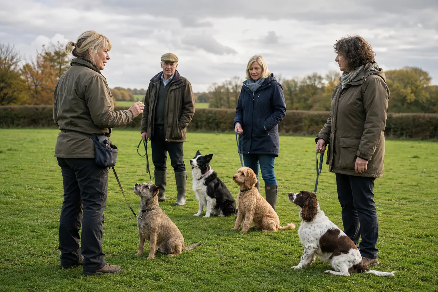 A trainer leading a small outdoor dog training group